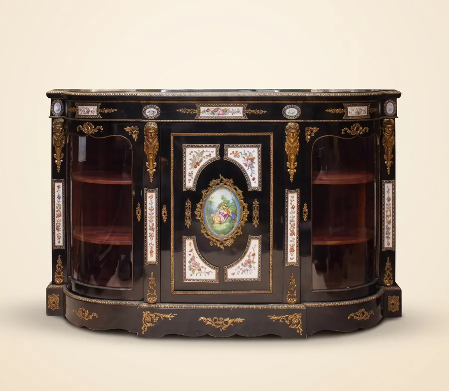 Napoleon III sideboard — Black-finished wood, gilded metal, painted panels with a ceramic-like finish, glass — 19th century