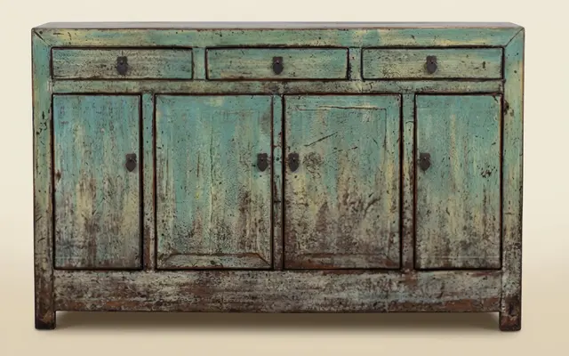 Wassergrün lackiertes Sideboard aus Holz, China, Gansu, Ende 19. – Anfang 20. Jahrhundert
