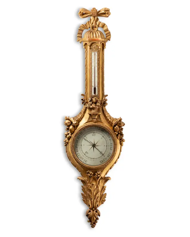 Louis XVI-style barometer and thermometer in carved and gilded wood, 18th century