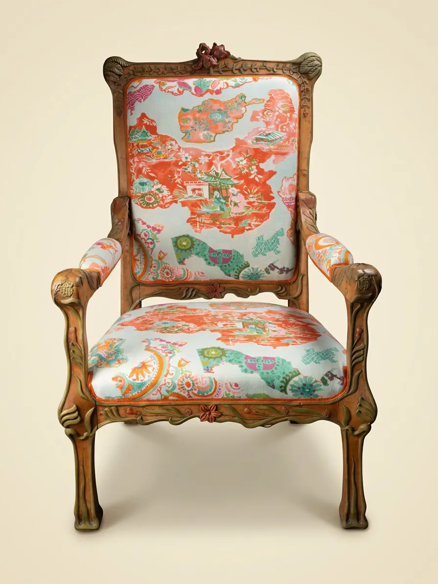 Art-Nouveau-Sessel aus geschnitztem und polychromem Ulmenholz — Geschnitztes und polychromes Ulmenholz, Stoff — 20. Jahrhundert