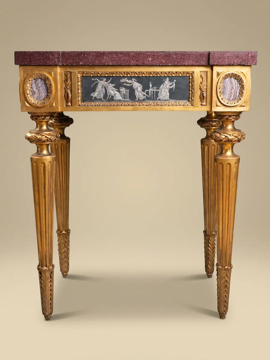 Table italienne Louis XVI en bois doré et porphyre, fin XVIIIe siècle — Bois doré, agate améthyste, gouache sur papier, porphyre antique, marbre de Carrare — XVIIIe siècle