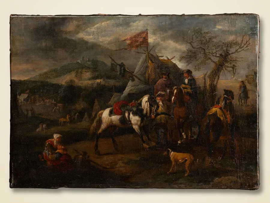 Scène militaire, huile sur toile attribuée à Philips Wouwermans, XVIIe siècle — Huile sur toile — XVIIe siècle