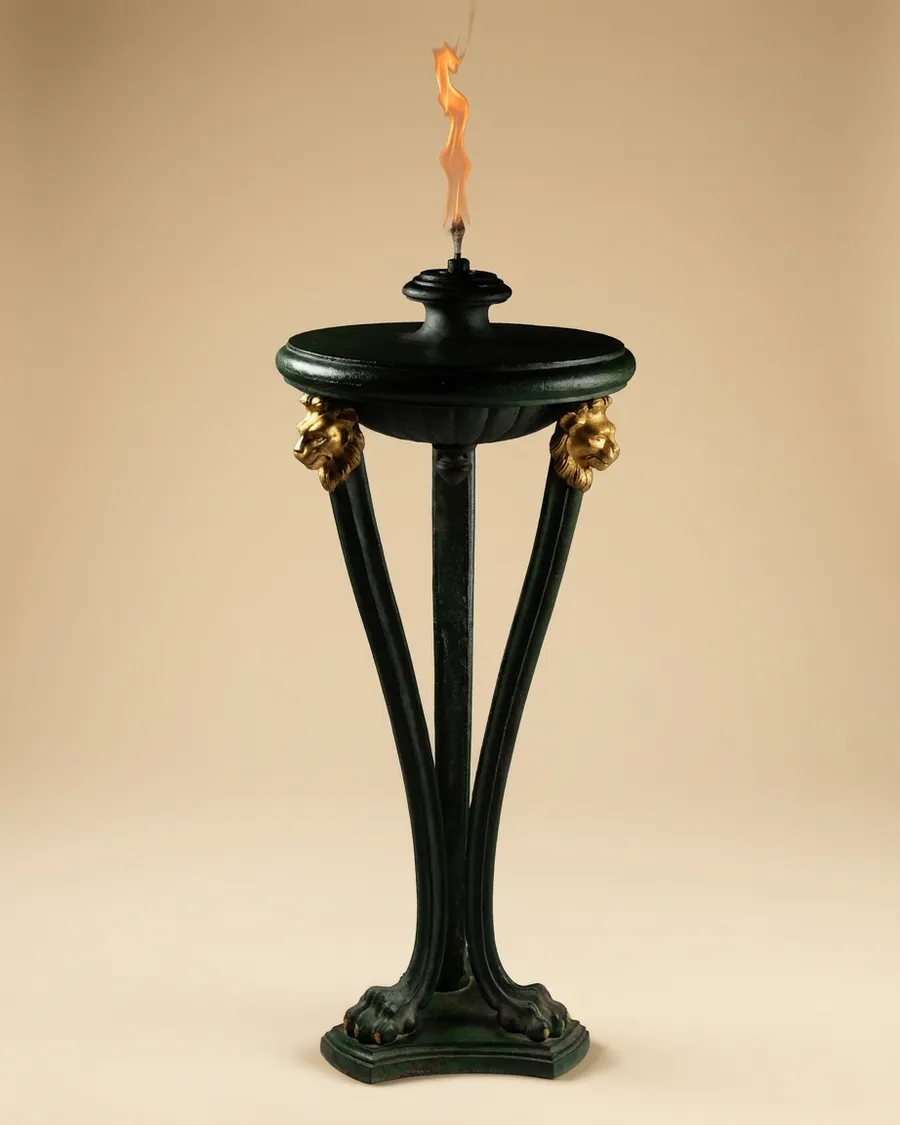 Suite de trois athéniennes brûle-parfum en fonte, XIXe siècle — Fonte à patine verte, réhauts dorés — XIXe siècle