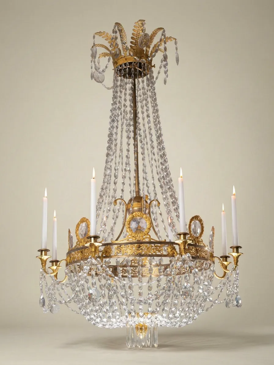Sacklüster mit Perlenbehang aus vergoldeter Bronze und Kristall, Directoire-Zeit — Vergoldete Bronze, geschliffenes Kristallglas — 18. Jahrhundert