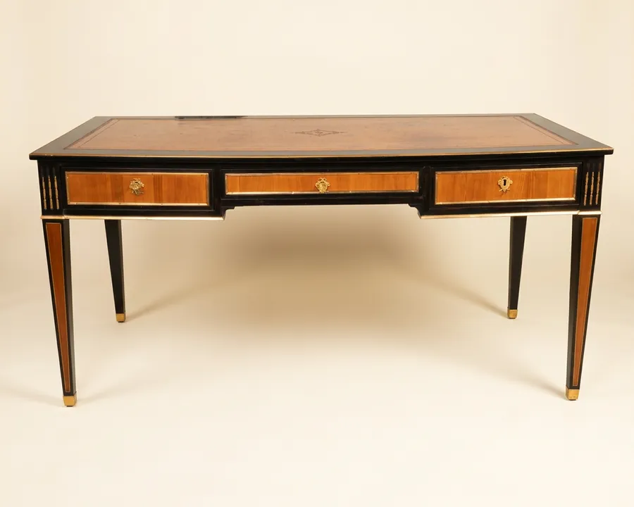 Vlak bureau in Lodewijk XVI-stijl, eind 19de eeuw — Gepolijst fruitboomhout, gezwart hout, verguld hout, verguld brons, verguld messing, cognackleurig leer — 19de eeuw