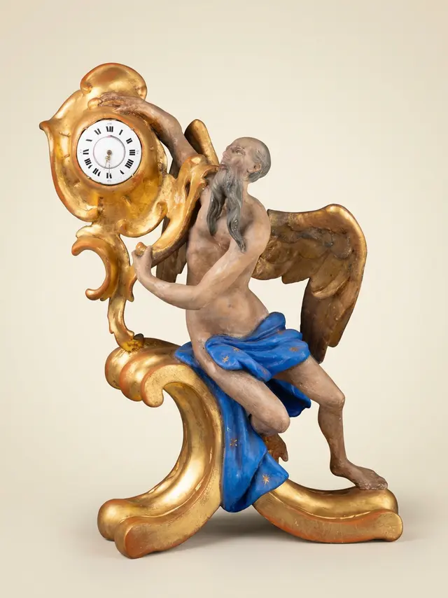 Cronos-Figurenuhr aus bemaltem und vergoldetem Holz, Mitte des 18. Jahrhunderts