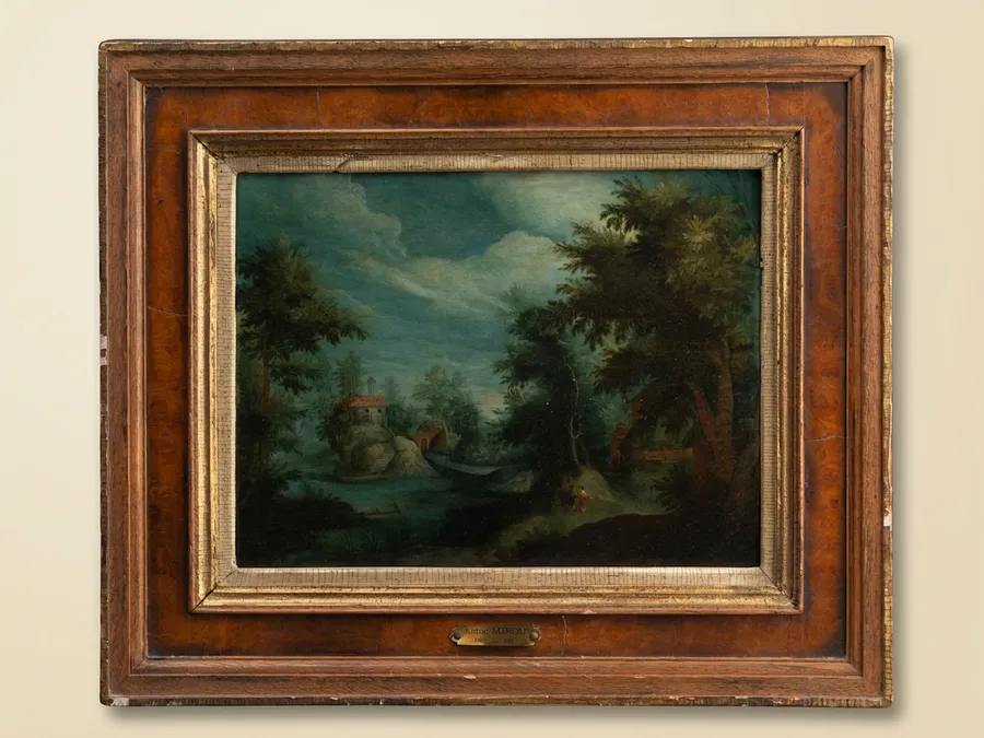 Oil on panel, 17th-century Flemish landscape — Oil on wooden panel — 17th century