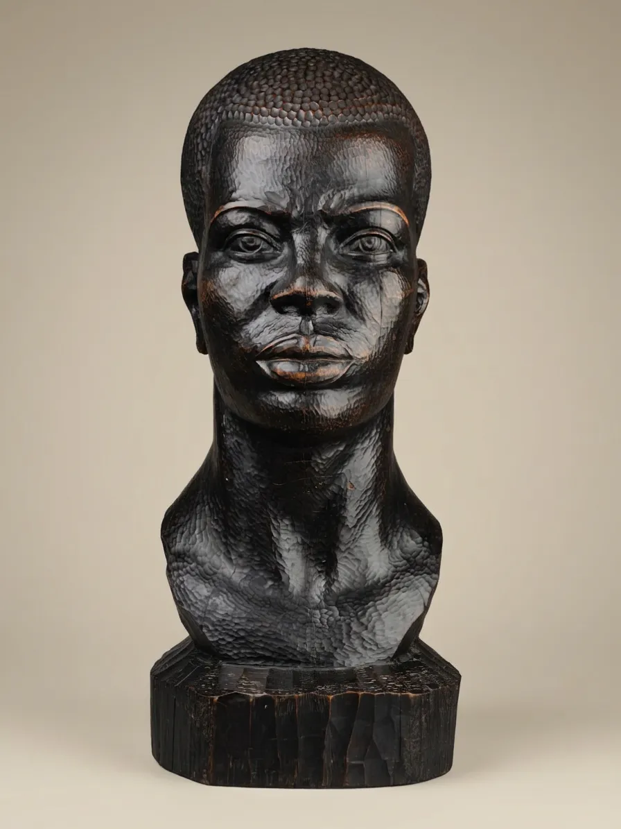 Mannenbuste in geëboniseerd hout door J. Vargas, circa 1920 — J. Vargas — Massief hout, geëboniseerd Afrikaans hout — 20ste eeuw