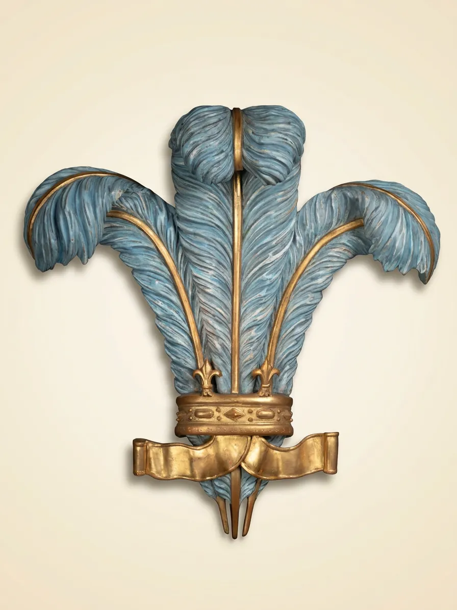 Polychrome und vergoldete Holzskulptur mit Straußenfedern, 19. Jahrhundert — Blau-Nattier-Polychromie, mit Blattgold veredeltes Holz — 19. Jahrhundert