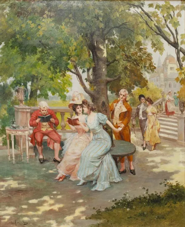 Olie op doek « Amour courtois », Carlos Alonso-Perez, 1881-1914