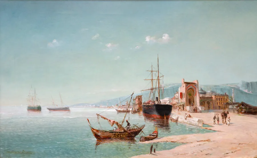 "Oriental Harbour view" — Jean-Baptiste Durand-Brager — Oil on canvas, original frame — 19th century