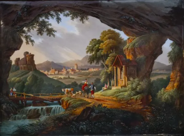 Plaque en porcelaine peinte, paysage animé, XIXe siècle