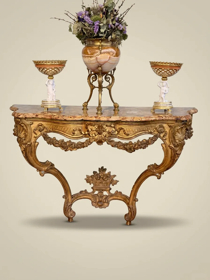 Console en bois sculpté et doré, marbre brèche d'Alep, époque Transition — Bois sculpté et doré, marbre brèche d'Alep — XVIIIe siècle