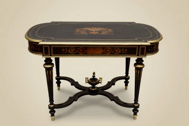 French black center table with wood marquetry