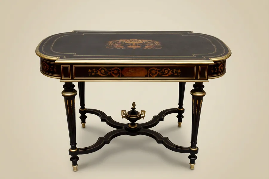 Mitteltisch aus Holz mit Marketerie, Epoche Napoléon III — Holz, Marketerie, Messing, Glas — 19. Jahrhundert