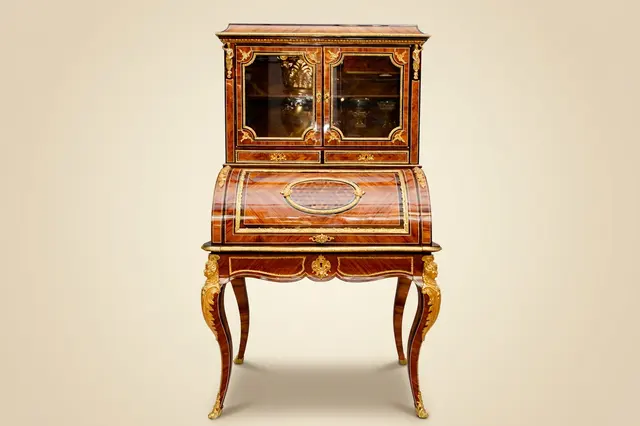 Exquisite cylinder secretary desk with display cabinet, France