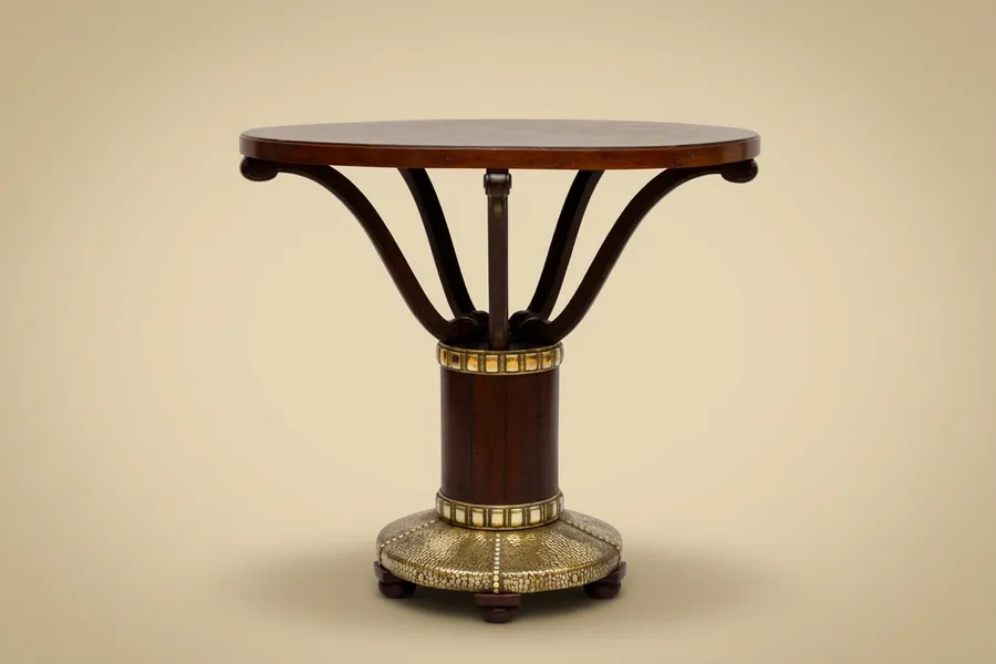 Gueridon table, De Coene manufactory — De Coene manufactory — Mahogany veneer, hammered brass — 20th century
