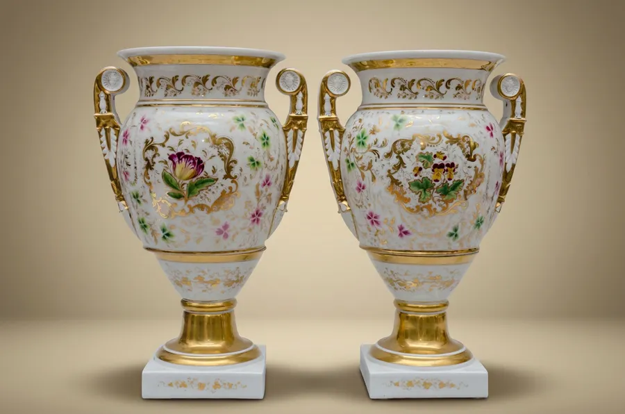 Paar Kratervasen aus Porzellan mit Blumendekor, Manufacture d'Ixelles I, um 1830-1850 — Manufactory of Ixelles I — Porzellan, gemalter Dekor und Vergoldung — 19. Jahrhundert