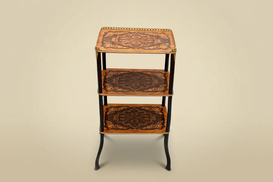 Small 3-tiered side table in marquetry — Marquetry, stained wood, metal mounts — 19th century