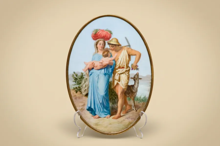 Plaque ovale en porcelaine « Retour des champs », 1880 — C. Bourdon (d'après William Bouguereau) — Porcelaine, cerclage métallique — XIXe siècle