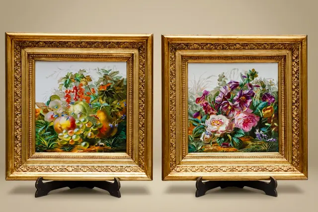 Paar porseleinen plaquettes met stillevens, Ernest Mariotte, 1866