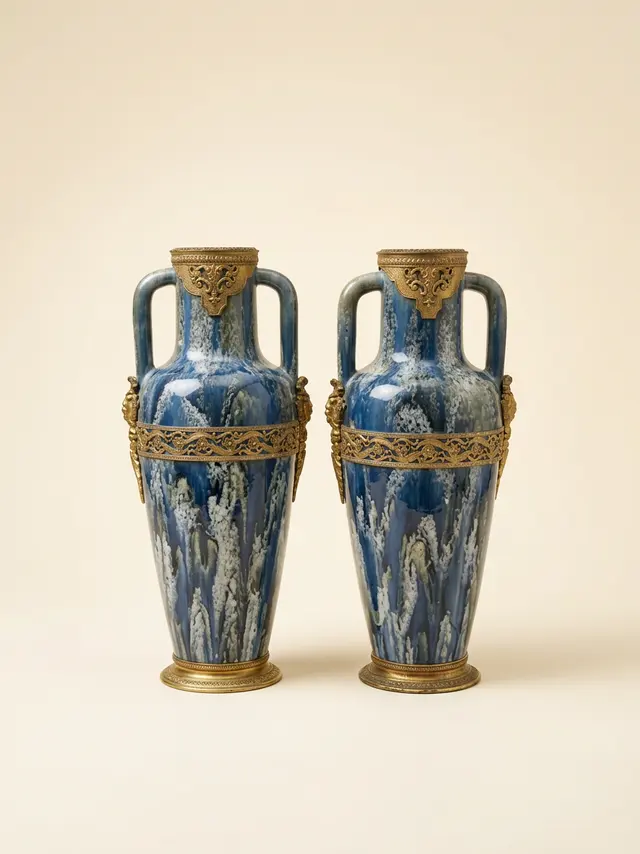 Pair of flambéed ceramic vases with bronze mountings