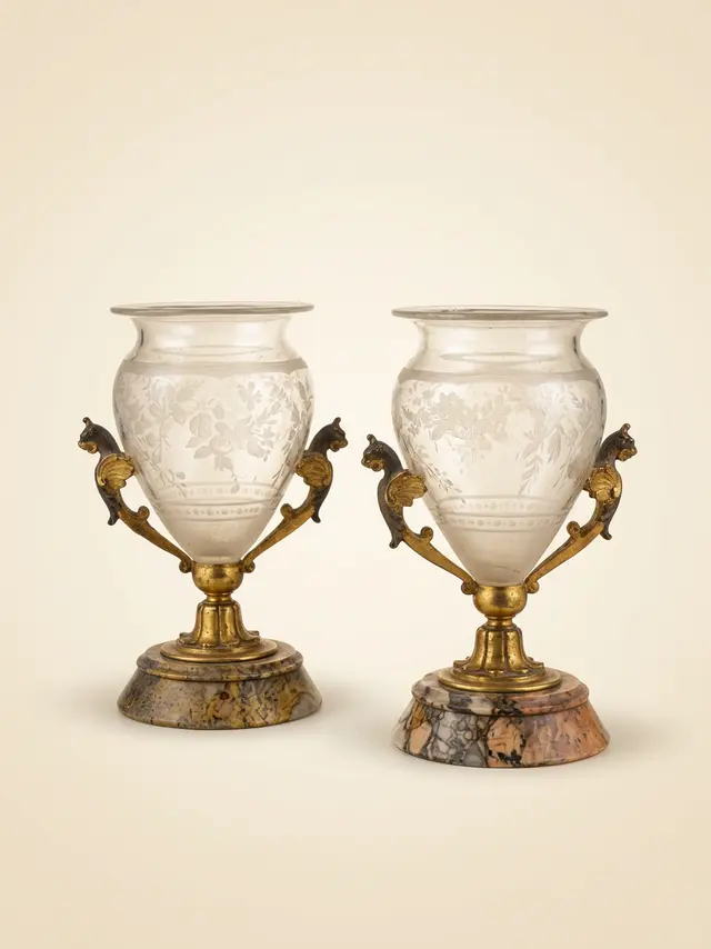 pair of 19th C. bronze crystal stone cups