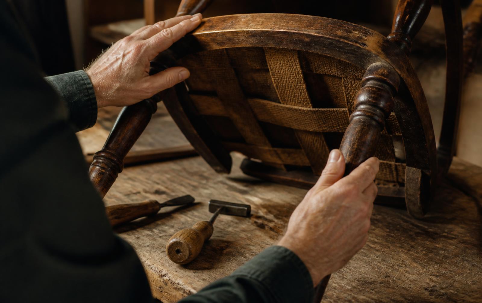Examen d'un meuble ancien en atelier